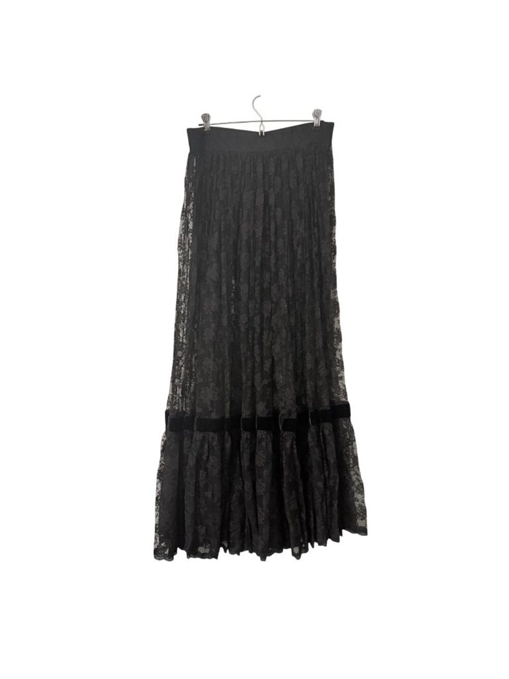 Vintage Black Lace Velvet Strips Womens S/M Gothic Whimsygoth Sheer Maxi Skirt